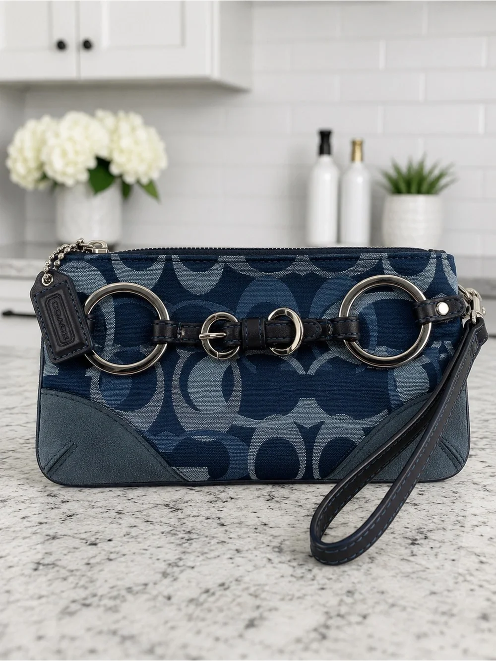 Coach Blue Denim Optic Signature Jacquard & Suede Horsebit Wristlet Y2K